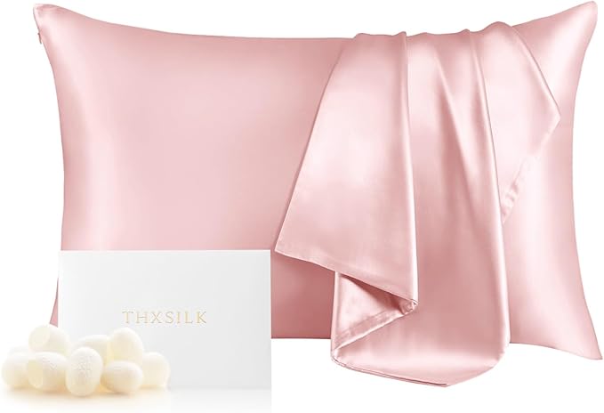 THXSILK Mulberry Silk Pillowcase Hypoallergenic Zipper Pillow Case - Highest Grade 6A+ 100% Pure Mulberry Real Silk Pillowcase, 1PC (Light Pink, Queen Size 20"x30")