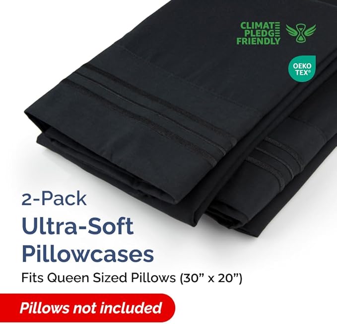 Queen Pillow Cases Set of 2 - Ultra Soft Hotel Quality Pillowcase Covers - Comfy, Cozy & Wrinkle Free - Shrinkage, Stain and Fade Resistant - Machine Washable Pillow Protectors - 2 Piece Set - Black