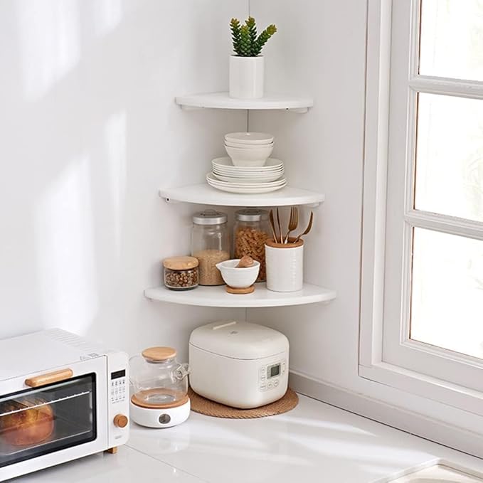 Corner Shelf, Solid Oak Wood Floating Corner Shelf Wall Mount Round End Floating Speaker with Wire Hole for Small Plant Photo for Bedroom Kitchen, Living Room White