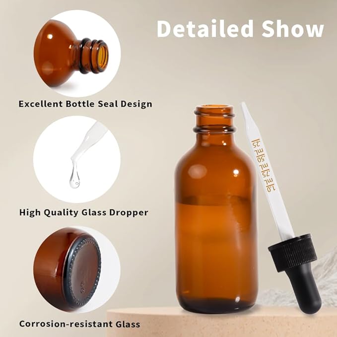 Dropper Bottle,2 oz 4 Pack Glass Droppers Bottle for Oils Eye Dropper Small Travel Oil Amber Dropper with 1 Funnel & 6 Labels - Essential Oils Bottles Tincture Bottles With Dropper Leakproof