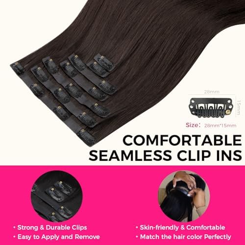 Lashey Seamless Clip-in Hair Extensions - Human Hair, Dark Brown, Light Yaki, Straight, 7pcs, 110g, 18 Inch PU Weft, Natural, for Women