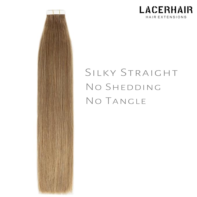 Lacer Tape in Hair Extensions Human Hair Skin Weft Gold Brown Remy Tape in Hair Extensions 14 Inch Full Thick Ends Adhesive Hair Pieces for Women 50g/20pcs