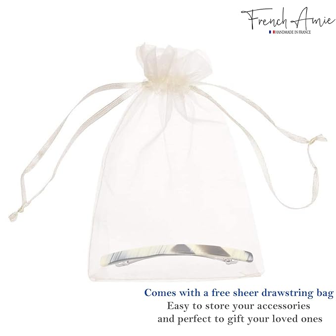 French Amie Long and Thin Ivory Black Large 4” Celluloid Acetate Handmade Automatic Hair Clip Barrette with No Slip Sturdy Silver Clasp for Women and Girls, Made in France