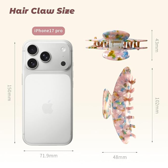French Hair Claw Clips for Women Grils,4 Inch Strong Hold No Slip Grip Accessories Acetate Material,Not Easily Damaged,Thick or Thin Hair (Pink & Blue)