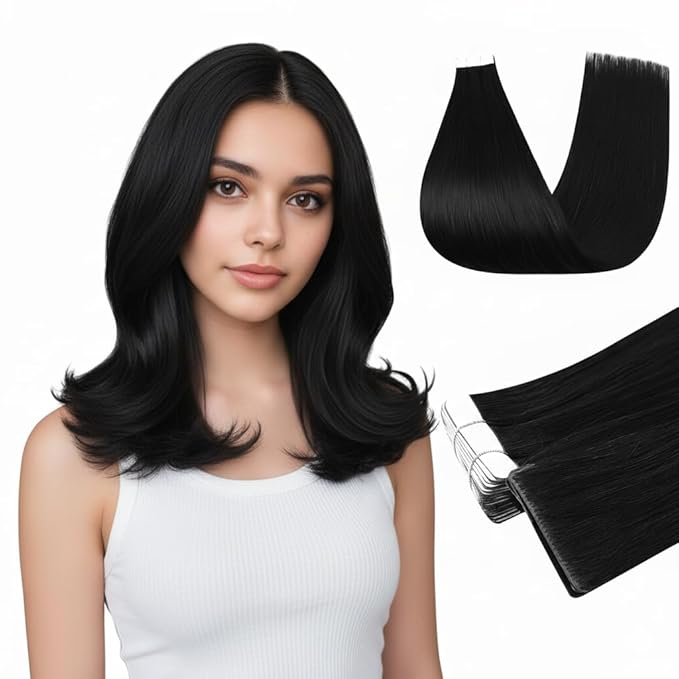 Full Shine Invisi Edge Tape in Hair Extensions 14 Inch Color 1 Black Machine Remy Invisible Injected Tape in Extensions Real Human Hair 20 Pcs Add Volume for Wedding 40 Grams