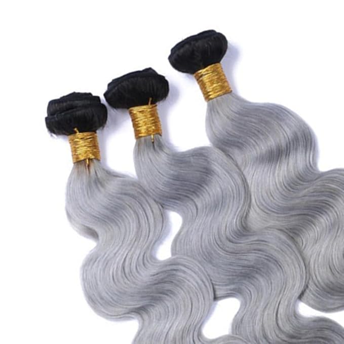Grey Bundles Human Hair Ombre Body Wave Bundle Brazilian Virgin Soft and Silky Remy Hair 3 Bundles 18 20 22 Inch Double Weft 2 Tone Black and Silver Body Wave Bundle 300g