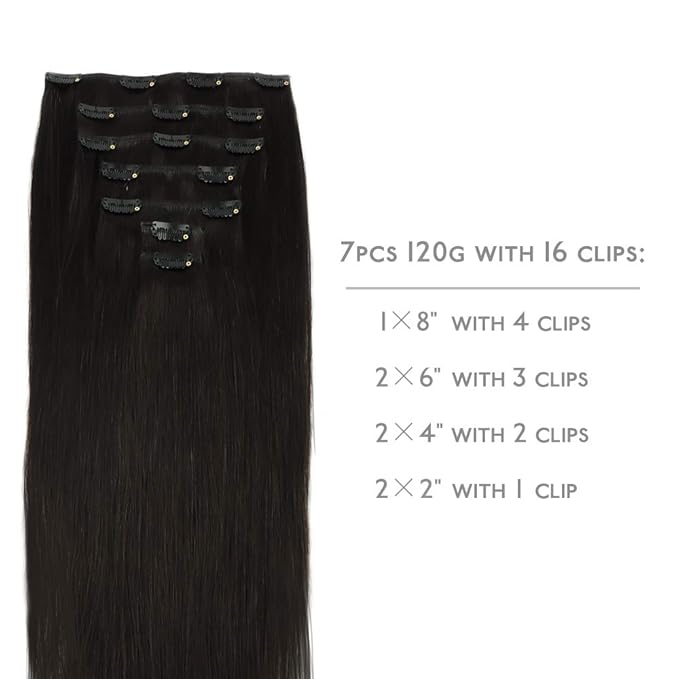 WENNALIFE Clip in Human Hair Extensions, 18 Inch 120g 7pcs Natural Black Hair Extensions Clip In Human Hair Remy Clip in Hair Extensions Real Human Hair Double Weft