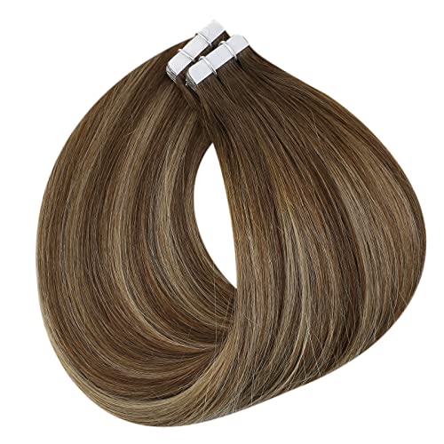 Full Shine Human Hair Tape in Extensions 16inch Brown Balayage Hair Extensions Tape in Brown to Blonde Ombre Highlights Human Extensions Glam Seamless 20Pcs 50Grams