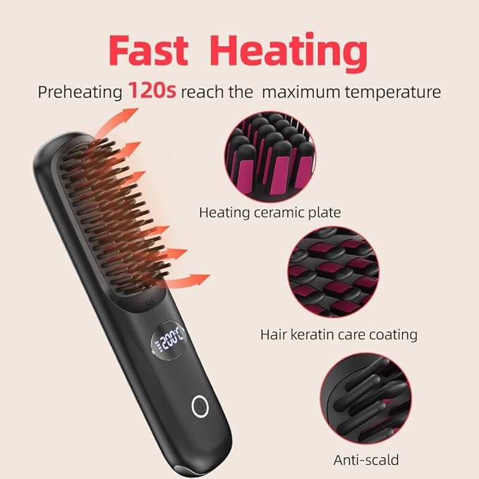 Cordless Hair Straightener Brush: Portable Rechargeable Heated Straightening Comb with LED Display & 3 Temperature Settings - Travel Hair Brush for Smooth Frizz-Free Styling (Purple)