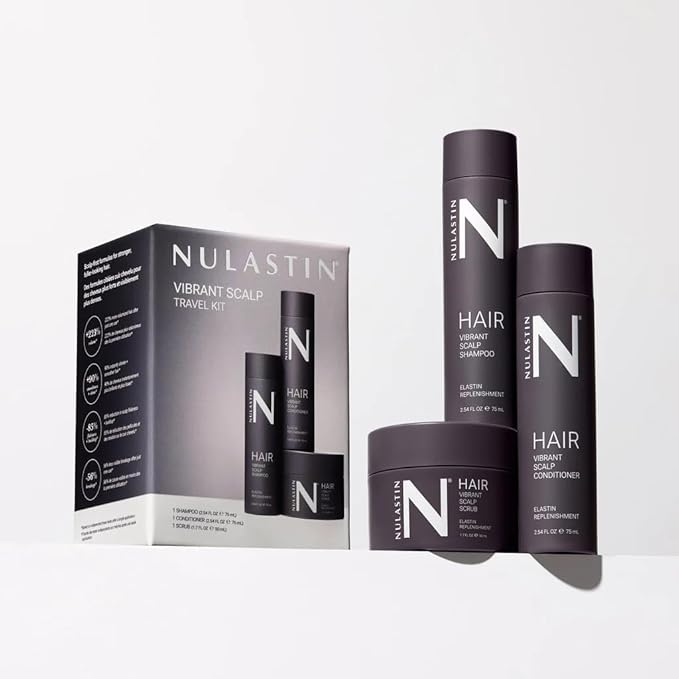 NULASTIN Vibrant Scalp Travel Kit - Hair Shampoo (2.54 Fl Oz), Conditioner (2.54 Fl Oz) & Scalp Scrub (1.7 Fl Oz) for Fine Hair - Volumizing, Color‑Safe & Vegan Hair Set (3 Count)