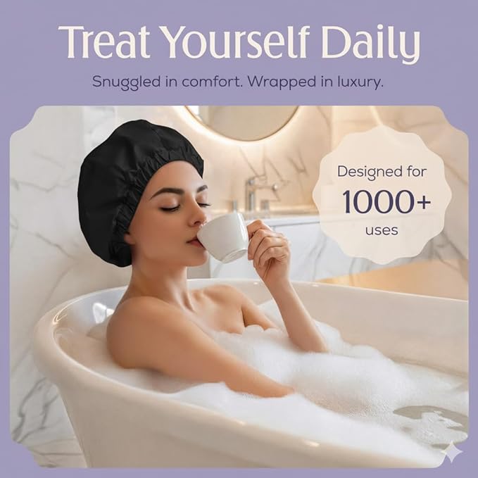Premium Shower Cap for Women with Long Hair. Reusable, 100% Waterproof, Double-Sided, Great For Curls with Anti-Frizz Fabric terry-lined. Black shower caps for women
