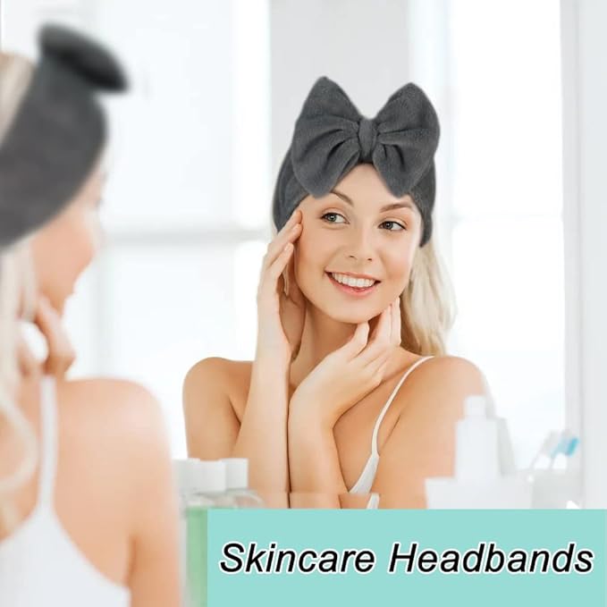 Shintop Makeup Headband Soft Carol Fleece Spa Headband with Cute Bow Elastic Headwear for Washing Face Skincare Facial Mask Showers（Grey）