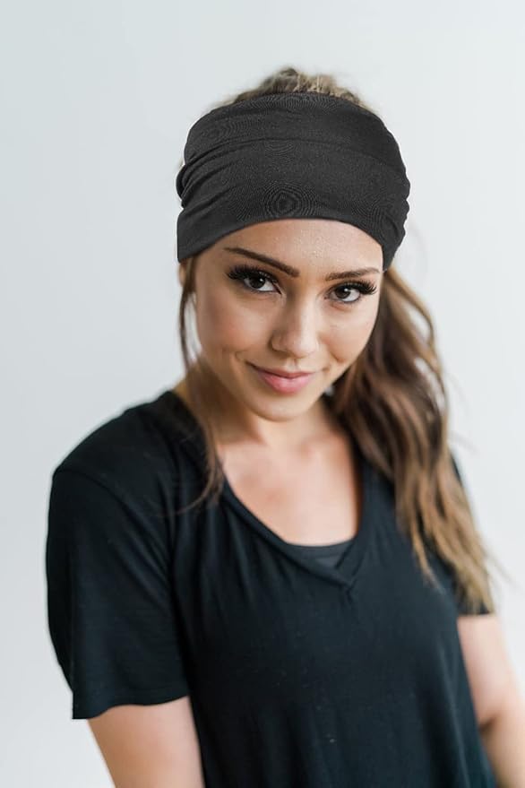 GiLi 2 Pack Wide Headbands for Women Boho African Knotted Non Slip Fashion Hair Bands Yoga Running Sports Workout Gym Head Wraps Elastic Soft Cotton Cloth Turbans Bandana for Girls(Black, Blue)