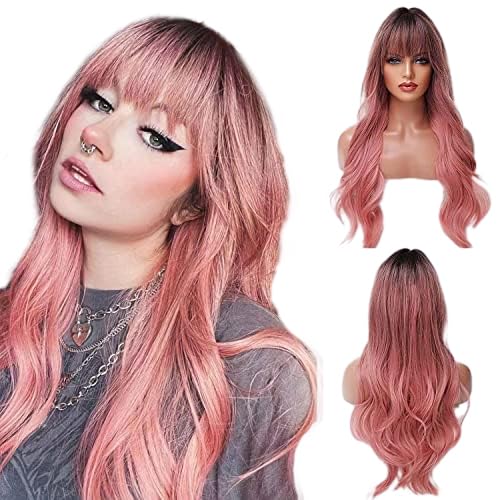 EMMOR Long Ombre Pink Wig for Women - Natural Curly Hair Synthetic Wigs With Bang Dark Root, Party Cosplay Daily Use (2pcs Free Wig Cap)