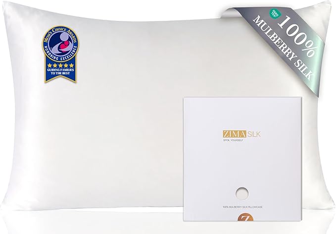 ZIMASILK 100% Pure Mulberry Silk Pillowcase for Hair and Skin Health,Soft and Smooth,Both Sides Premium Grade 6A Silk,600 Thread Count,with Hidden Zipper,1pc (Queen 20''x30'',White)