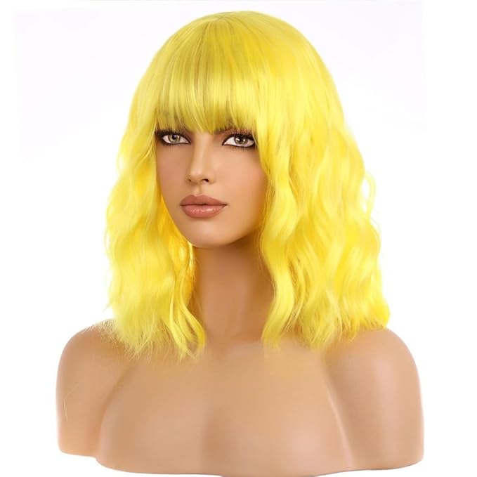 BERON 14 Inches Yellow Wig Wig for Women Girls Short Curly Yellow Wigs with Bangs Hairnet Include