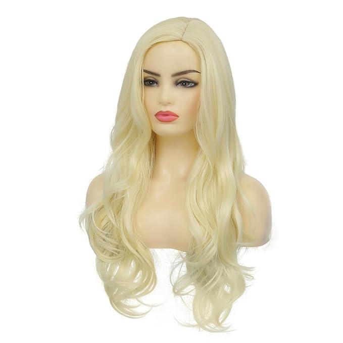 Baruisi Long Curly Wavy Blonde Wigs for Women Side Part Natural Looking Cosplay Synthetic Heat Resistant Replacement Wig