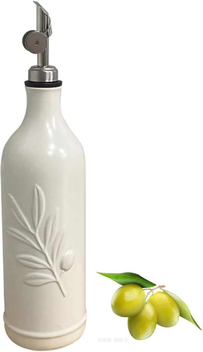 20 Oz Ceramic Olive Oil Dispenser Bottle, with Stainless Steel Spout & Funnel, Ideal for Oil, Vinegar, Coffee Syrup & Liquids (White)