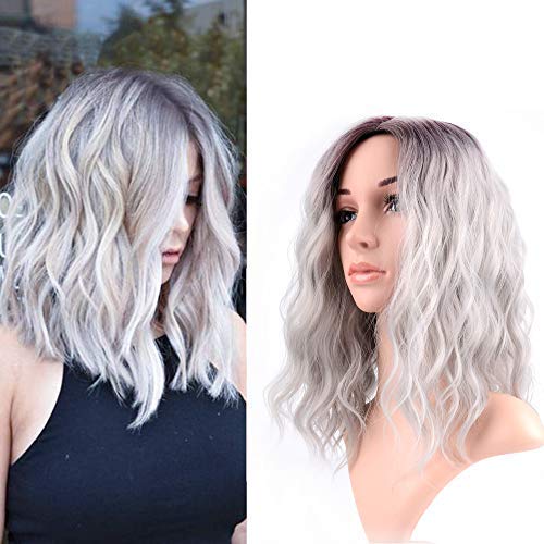 FAELBATY 14" Short Curly Bob Grey Wigs Shoulder Length Side Part Women's Short Wig for Girl Halloween Costume Cosplay Wigs Ombre Purple Grey Color