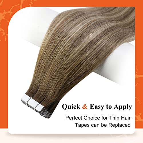 Full Shine Invisible Tape in Hair Extensions Color 3 Brown Fading to 8 Light Brown and 22 Blonde Balayage Soft Remy Tape in Hair Extensions Human Hair 14Inch 20Pcs 50Gram Seamless Tape Ins