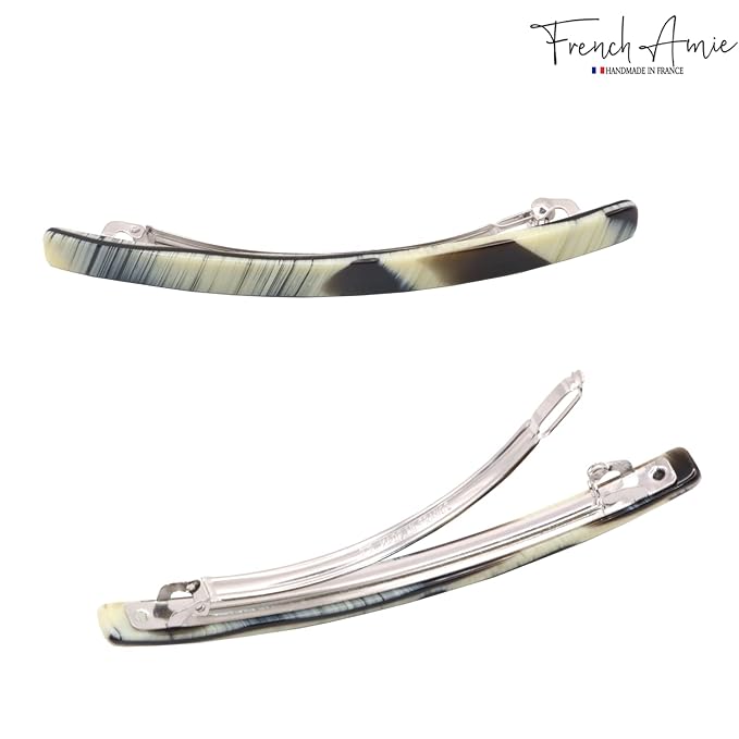 French Amie Long and Thin Ivory Black Large 4” Celluloid Acetate Handmade Automatic Hair Clip Barrette with No Slip Sturdy Silver Clasp for Women and Girls, Made in France