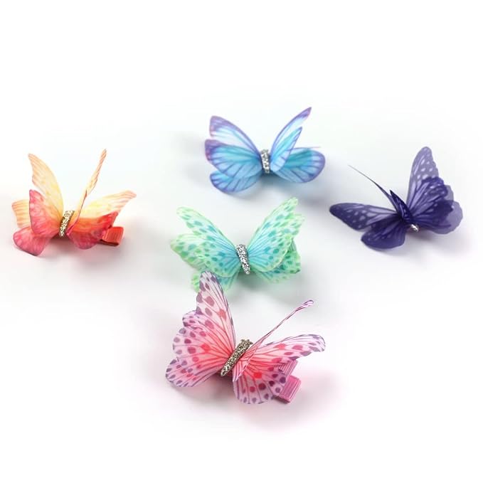 6Pcs/pack 3D Colorful Organza Butterfly Hair Clips - Chiffon Fairy Wings - Ribbon Wrapped Clips 0.4Inch Barrettes Hair Accessories For Women(Multicolor3)
