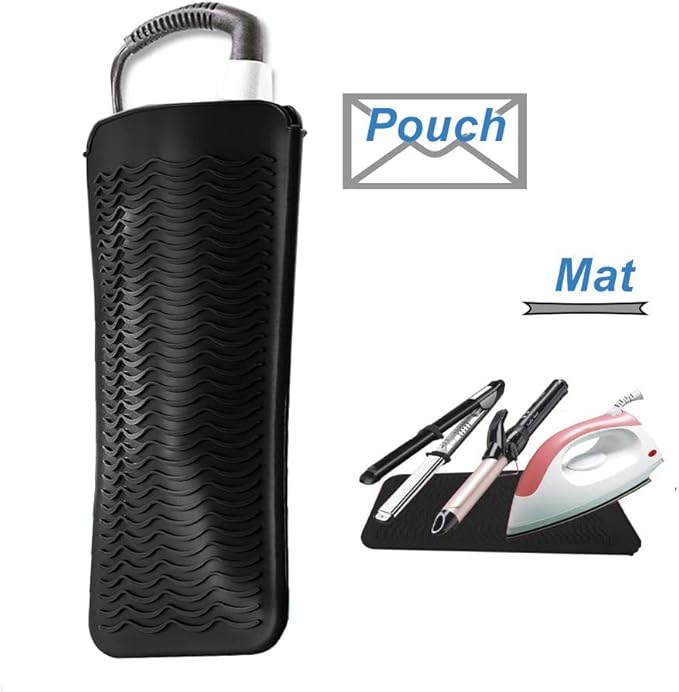 Heat Resistant Silicone Mat and Glove Set for Hair Straighteners and Flat Irons - 11" x 6" Mat, 8.7" x 5.2" Bump Glove, Black