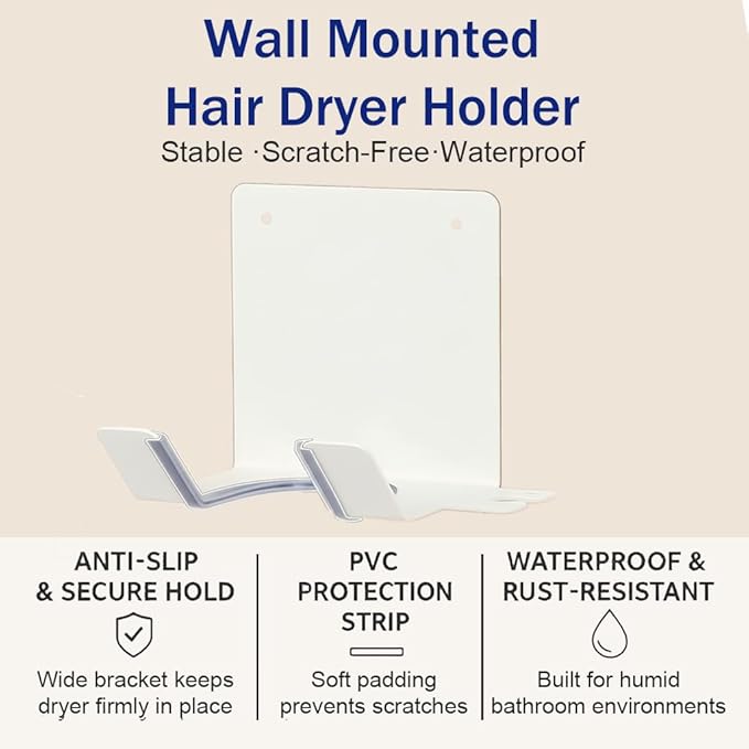 Hair Dryer Holder, Blow Dryer Holder Wall Mounted Hair Tool Organizer Self Adhesive Hair Dryer Holder Wall Mount, Compatible for Hair Dryer Holder for Bathroom White PTALSEAW