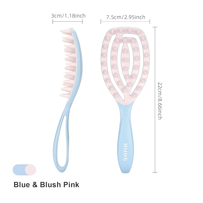 RHOS Scalp Massager, Shampoo Brush with Handle, Curved Vented Hair Scrubber, Scalp Brush for Wet & Dry Hair (Blue)