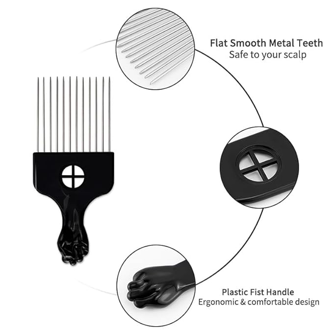 Black Metal Afro Pick Combs for Curly Hair - Detangle & Style Comb for Women and Men, Durable Plastic & Metal, Fist Design for Hair Styling, Perfect for Wigs (2 Pack Hair Comb, Count, 2)