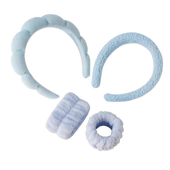 2Pcs Spa Headband for Washing Face & 1 Pairs Wristband Set Sponge Makeup Skincare Headband &Terry Cloth Bubble Soft Hairband for Women Girl Puffy Padded Headwear Non Slip Thick Hair Accessory (blue)