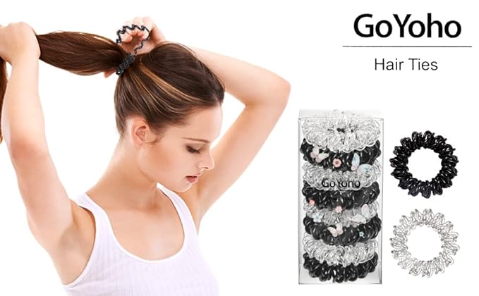 Upgraded Version Spiral Hair ties for Women, No Crease Clear Coil Hair Ties Spiral Ponytail Holders Scrunchies, Hair Coils/Phone Cord Hair Ties for Thin Hair/Soft Elastic. (8, Black and White）