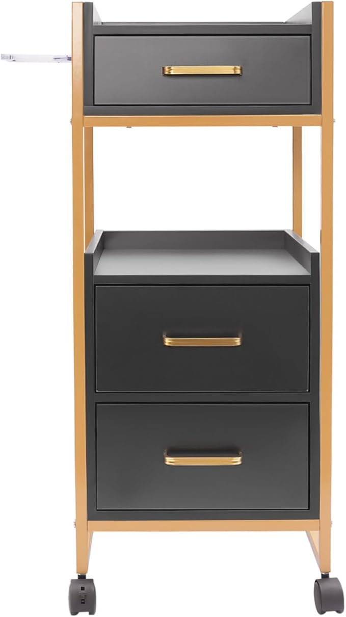 Salon Trolley with Wheels, 3 Drawers Salon Cart with Hair Dryer Holder Utility Salons Cabinet for Tools Storage at Barbershop Beauty Salons Tattoo Shop (Black)