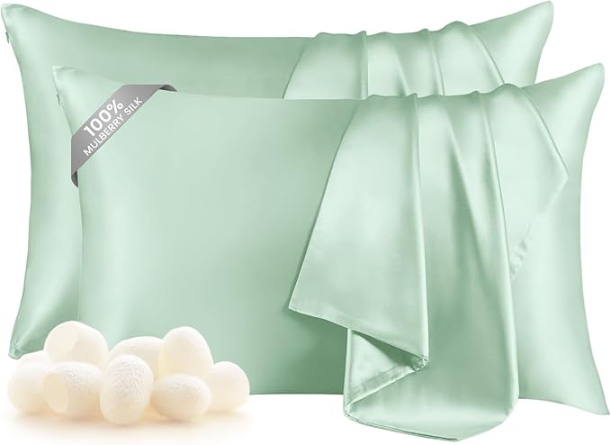 THXSILK Set of 2 100% Mulberry Silk Pillowcase for Hair and Skin Health, Soft Breathable and Smooth Pillowcases with Hidden Zipper, Both Sides Premium Grade 6A+ Silk, Standard 20"x26", Turquoise Green
