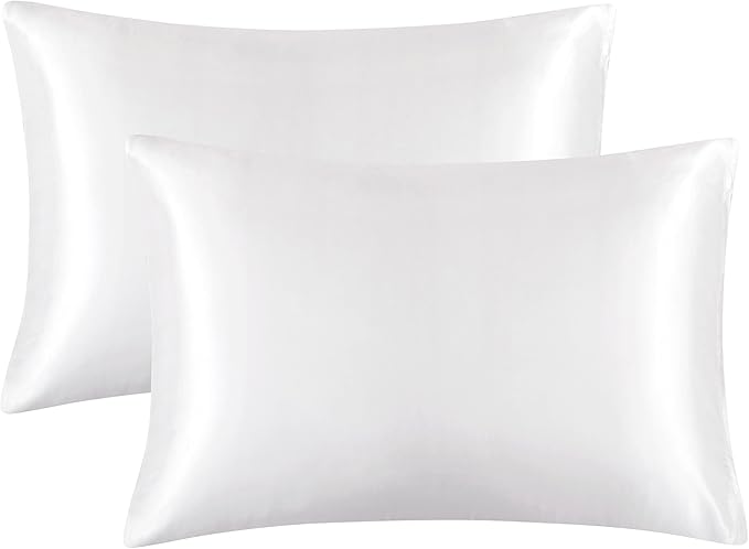 White Satin Pillowcase Standard Set of 2 with Envelope Closure，White Silk Pillowcase for Hair and Skin (20x26)