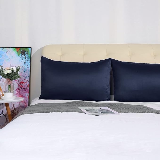 uxcell 2 Pack Silk Satin Pillowcase for Hair and Skin, Cool, Silky, Soft Breathable Pillow Cases Standard Size 20x26 Inch Sateen Pillowcase Navy with Envelope Closure