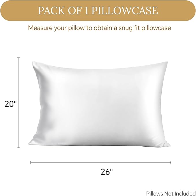 INFIIXSO Mulberry Silk Pillowcase for Hair and Skin, Silk Pillow Cases Standard Size with Hidden Zipper 20x26 Inches, Extraordinary Smooth and Soft Cooling Pillow Cases for Hot Sleepers(White, 1 Pack)