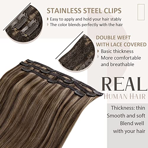 RUNATURE Real Hair Extensions Clip in Human Hair, Remy Clip in Hair Extensions Real Human Hair, Tangle-free Soft Natural Hair for Women, 12 Inch 50g 3pcs #3P12 Walnut Brown Highlight Blonde