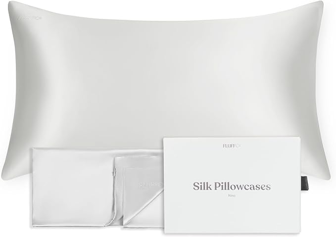 FluffCo 100% Pure Mulberry Silk Pillowcase - King Size | Luxurious Cooling Pillowcase for Hair & Skin Care | 22 Momme Natural Silk Body Pillowcase for Standard US Bedding (Silver)