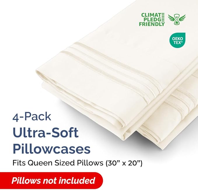 Queen Pillow Cases Set of 4 - Ultra Soft Hotel Quality Pillowcase Covers - Comfy, Cozy & Wrinkle Free - Shrinkage, Stain & Fade Resistant - Machine Washable Pillow Protectors - 4 Piece Set - Off White