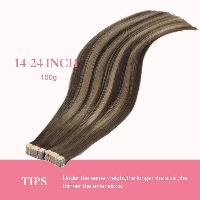 GOO GOO Tape in Hair Extensions Human Hair, 4/26/4 Balayage Chocolate Brown to Honey Blonde, 22inch 100g 40pcs, Skin Weft Seamless Invisible, Silky Straight with Thick Ends, Remy Human Hair