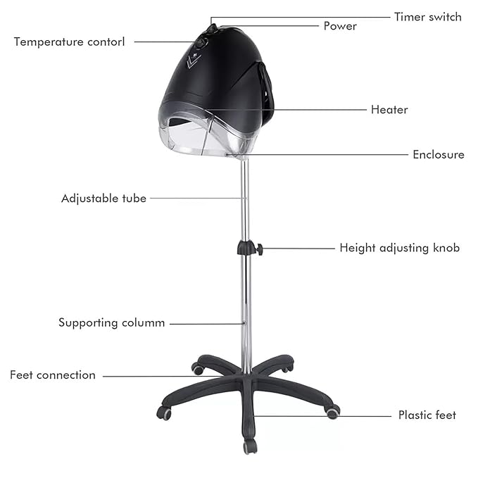 Black,B,Wall Mounted Hair Dryer,Fast Hair Drying Low Noise,Timer 0-60 Min,Steamer Hat Deep Conditioning Heat Steaming Salon Equipment Hooded Machine Used in Hair Processor