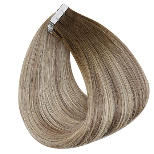Full Shine Invisible Tape in Hair Extensions Color 3 Brown Fading to 8 Light Brown and 22 Blonde Balayage Soft Remy Tape in Hair Extensions Human Hair 14Inch 20Pcs 50Gram Seamless Tape Ins