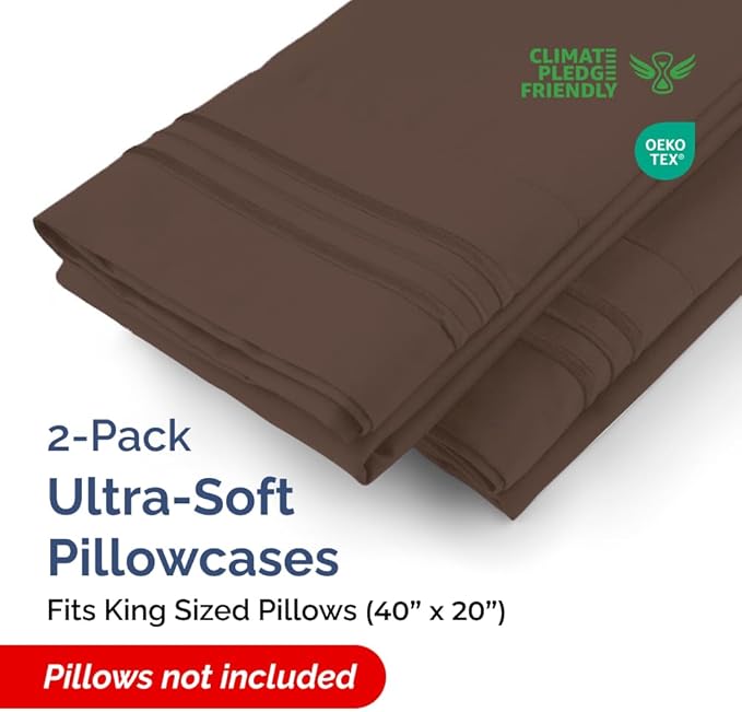 King Pillow Cases Set of 2 - Ultra Soft Hotel Quality Pillowcase Covers - Comfy, Cozy & Wrinkle Free - Shrinkage, Stain and Fade Resistant - Machine Washable Pillow Protectors - 2 Piece Set - Brown