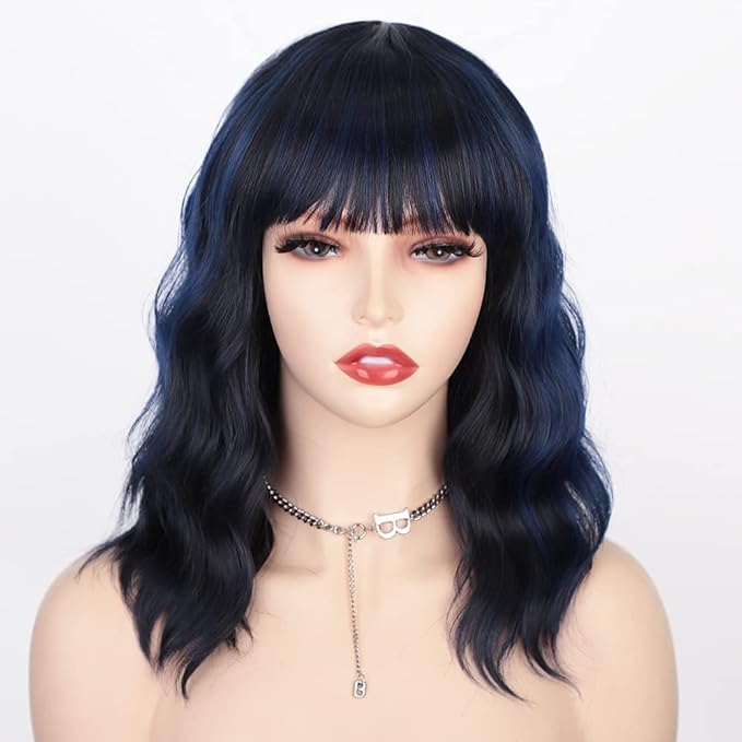 AISI HAIR Synthetic Wavy Bob Wig with Bangs, Dark Blue, 21-23 Inches