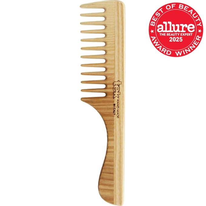 TEK – Allure Award-Winning Wide Tooth Wooden Comb with Natural Ash Wood Handle, Handmade in Italy – Ideal for Gently Detangling Normal, Curly, or Wavy Hair Without Breakage – 20 x 4.5 cm