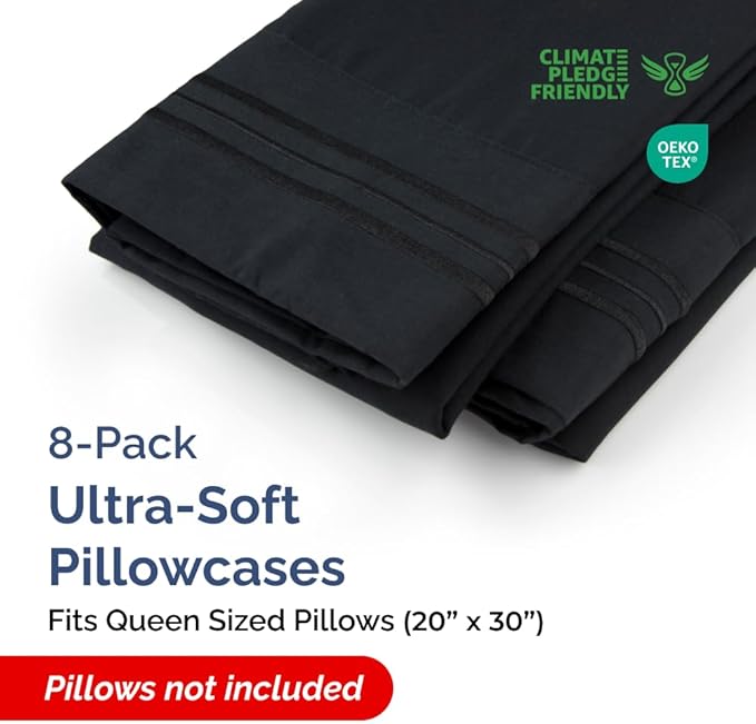 Queen Pillow Cases Set of 8 - Ultra Soft Hotel Quality Pillowcase Covers - Comfy & Wrinkle Free - Shrink, Stain and Fade Resistant - Easy-Care, Machine Washable Pillow Protectors - 8 Piece Set - Black