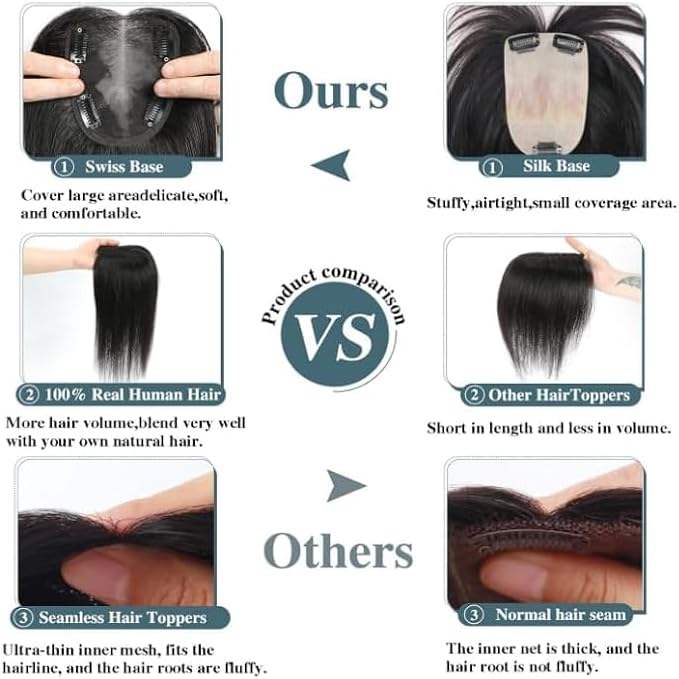 Human Hair Toppers for Women Real HairTopper with Thinning Hair 120% Density Round Shaped Swiss Base Hair Pieces 40g-Dark Brown(12inch, 2#)