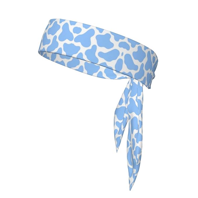 Boys Girls Sports Sweat Band, Multipurpose Long Head Ribbon for Sports Workout Spa, Fashion Light Blue Animal Cow Print Headdress Hand Decor