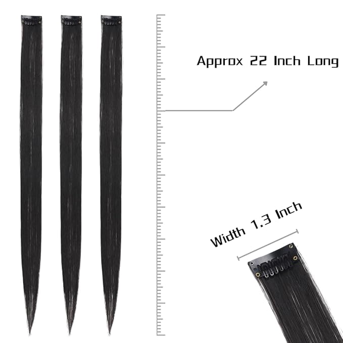 Black Hair Extensions Clip in for Kids Girls, 10 Pieces 22 Inch Long Straight Colored Streak Synthetic Accessories Hairpiece Clip ins, Play Party Highlights